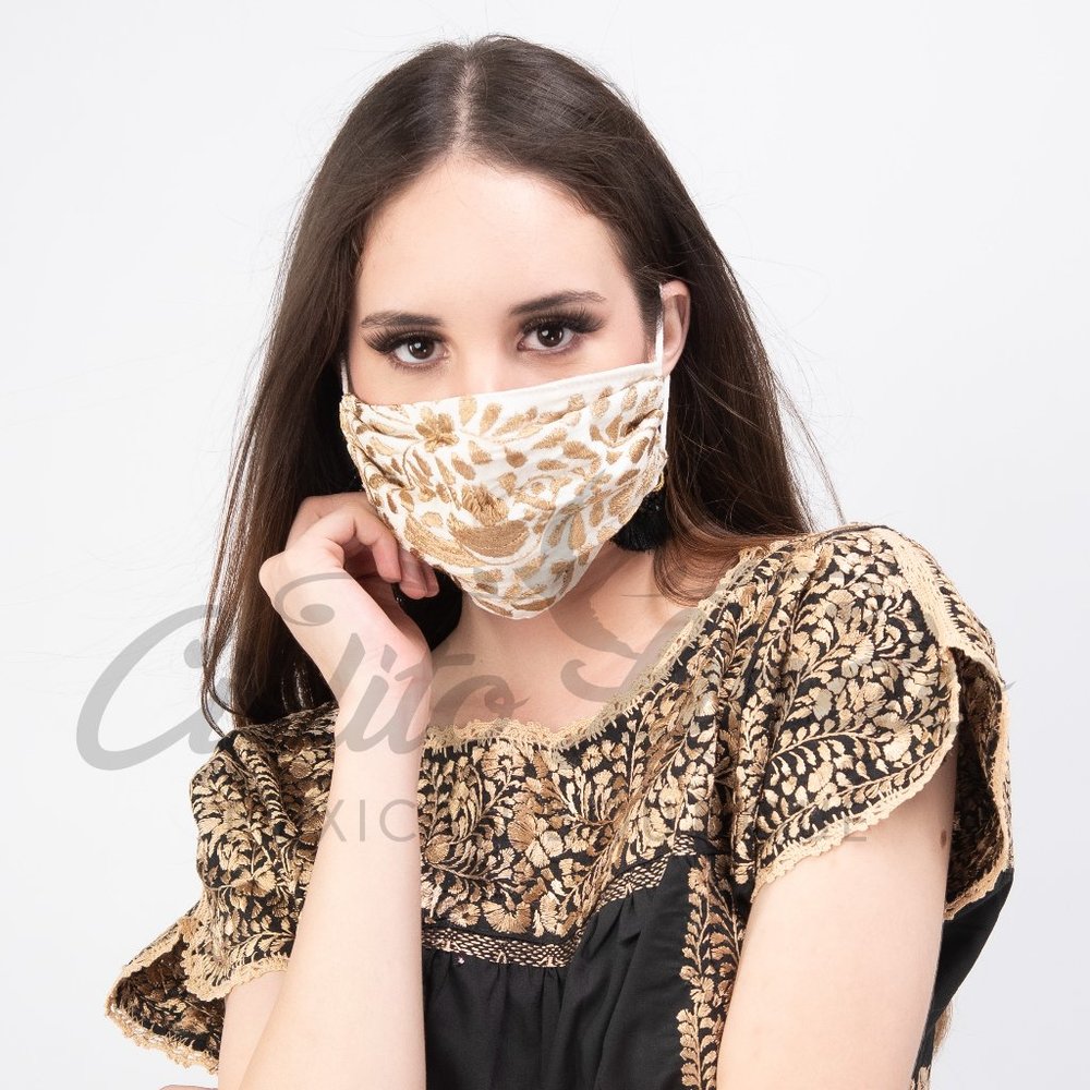 Mexican Handmade Embroidered Cream Face Mask - Picture 3 of 7